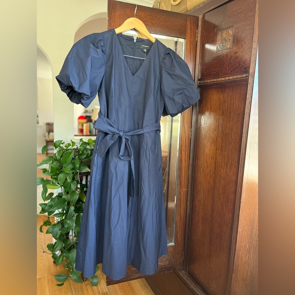 Banana Republic Navy Puff Sleeve Midi Dress – XS Petite – 100% Cotton